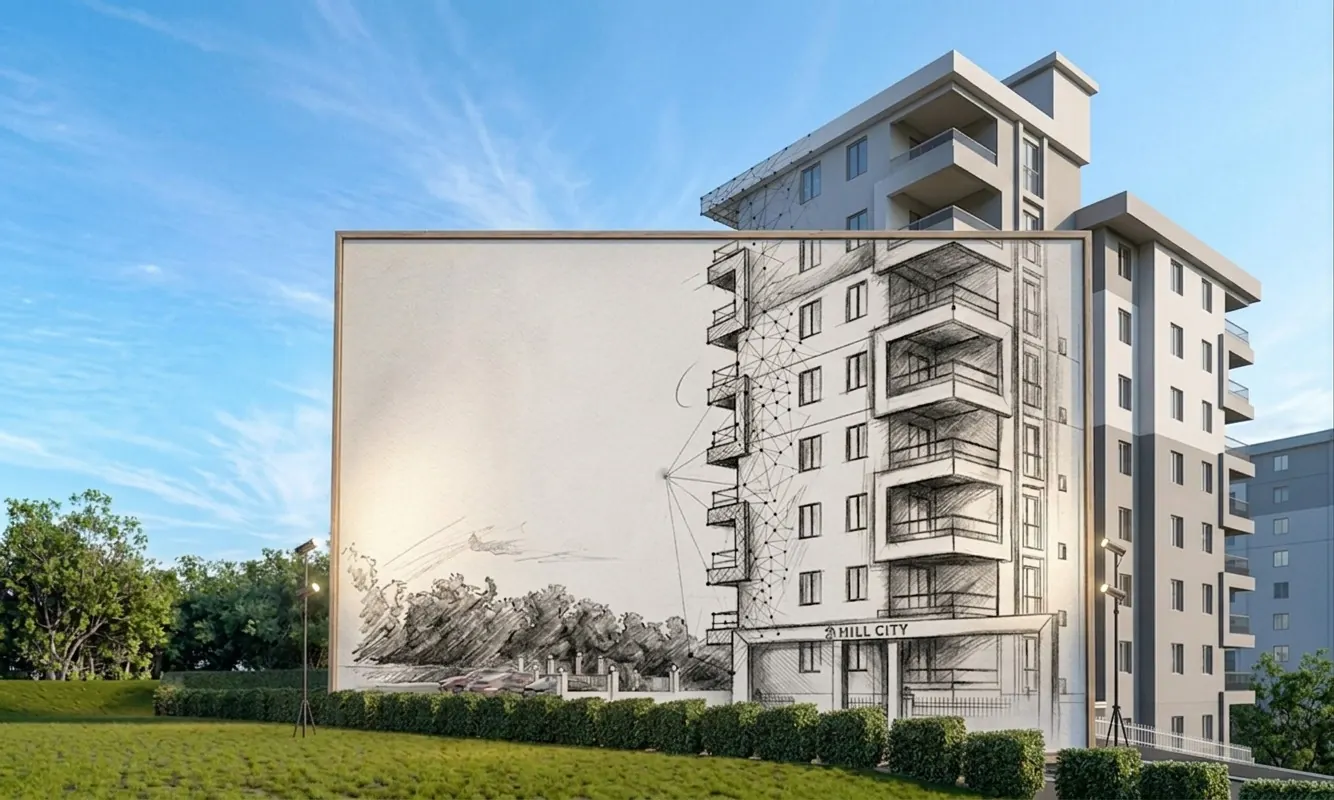 Hill City binasının karakalem çizimden gerçeğe dönüşen görseli